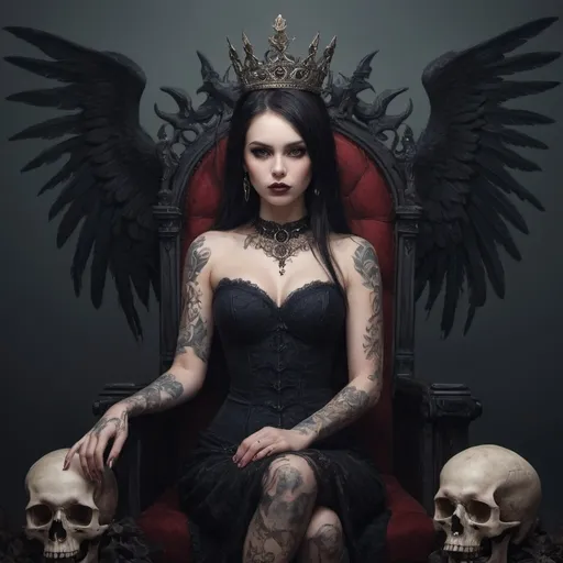 Prompt: Fantasy illustration of a curvy pale goth girl with detailed tattoos, a black peplum dress with lace, long dark brown hair, dark blue eyes, and winged eye-liner. She’s sitting on a skull throne with a red bloody crown on her head. 