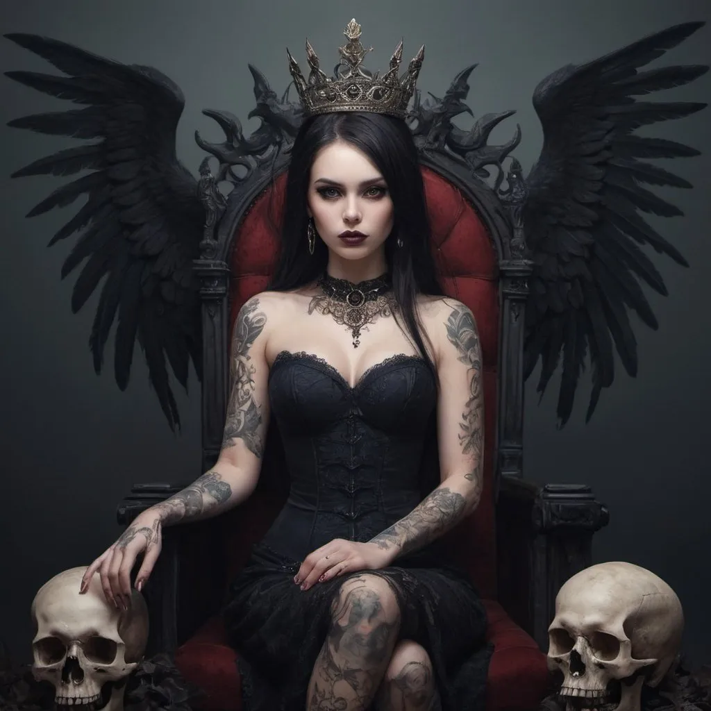 Prompt: Fantasy illustration of a curvy pale goth girl with detailed tattoos, a black peplum dress with lace, long dark brown hair, dark blue eyes, and winged eye-liner. She’s sitting on a skull throne with a red bloody crown on her head. 