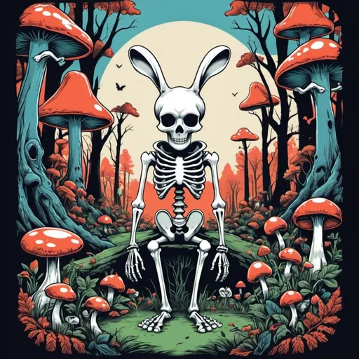 Prompt: Illustrated T-shirt design of Alice in Wonderland with a spooky, trippy, and surrealism vibe, featuring a skeleton and mushroom motif in a forest setting, flat colors, melting colors, white rabbit, high quality, t-shirt design, surreal, spooky, trippy, Alice in Wonderland, skeleton motif, mushroom, forest setting, flat colors, melting effect, white rabbit, positive vibes