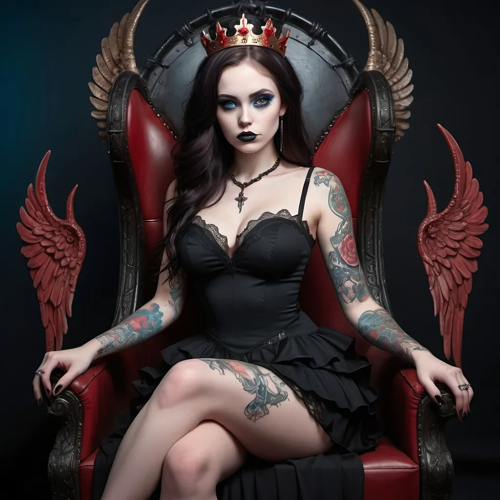 Prompt: Fantasy illustration of a curvy pale goth girl, detailed tattoos, black peplum dress with lace, long wavy dark brown hair, blue eyes, winged eye-liner, sitting on a skull throne with a red bloody crown, highres, ultra-detailed, fantasy, goth, pale skin, detailed tattoos, dark brown hair, dark blue eyes, winged eyeliner, peplum dress with lace, skull throne, red bloody crown, atmospheric lighting, detailed, professional