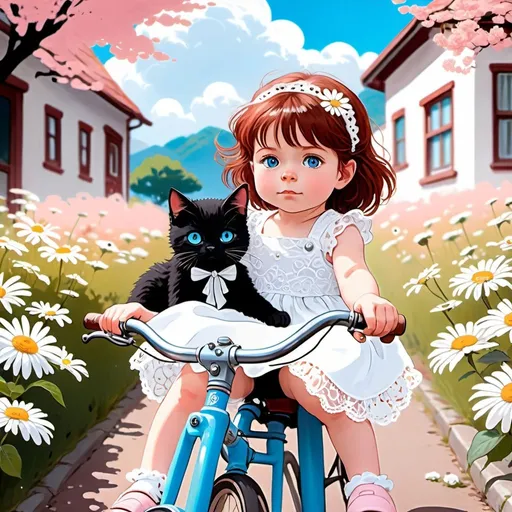 Prompt: 2d studio ghibli anime style, auburn hair toddler, with bright blue eyes, in a lace white eyelet dress, on a rose pink bike with daisies, black and white fluffy cat, anime scene
