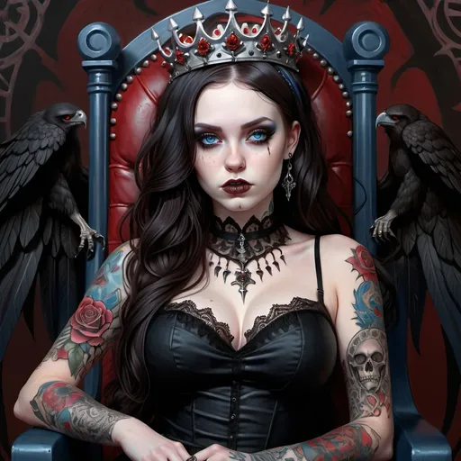 Prompt: Fantasy illustration of a curvy pale goth girl, detailed tattoos, black peplum dress with lace, long wavy dark brown hair, blue eyes, winged eye-liner, sitting on a skull throne with a red bloody crown, highres, ultra-detailed, fantasy, goth, pale skin, detailed tattoos, wavy dark brown hair.