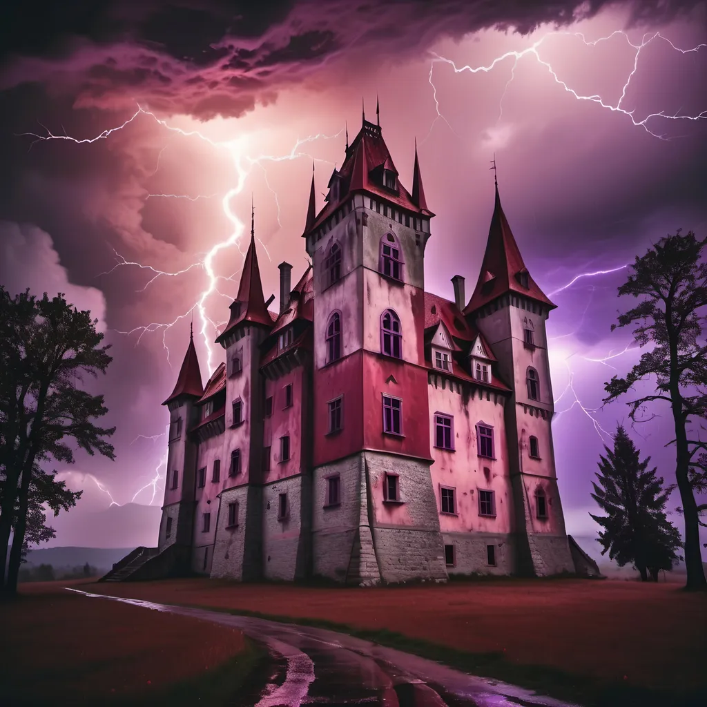 Prompt: A deadly vampire’s castle set in Transylvania during a lightning storm. Spooky atmosphere, purple lightning strikes, ashy sky, red tint. 