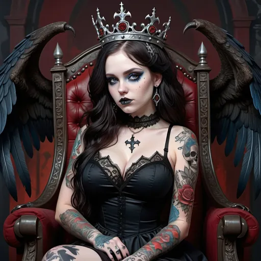 Prompt: Fantasy illustration of a curvy pale goth girl, detailed tattoos, black peplum dress with lace, long wavy dark brown hair, blue eyes, winged eye-liner, sitting on a skull throne with a red bloody crown, highres, ultra-detailed, fantasy, goth, pale skin, detailed tattoos, wavy dark brown hair.