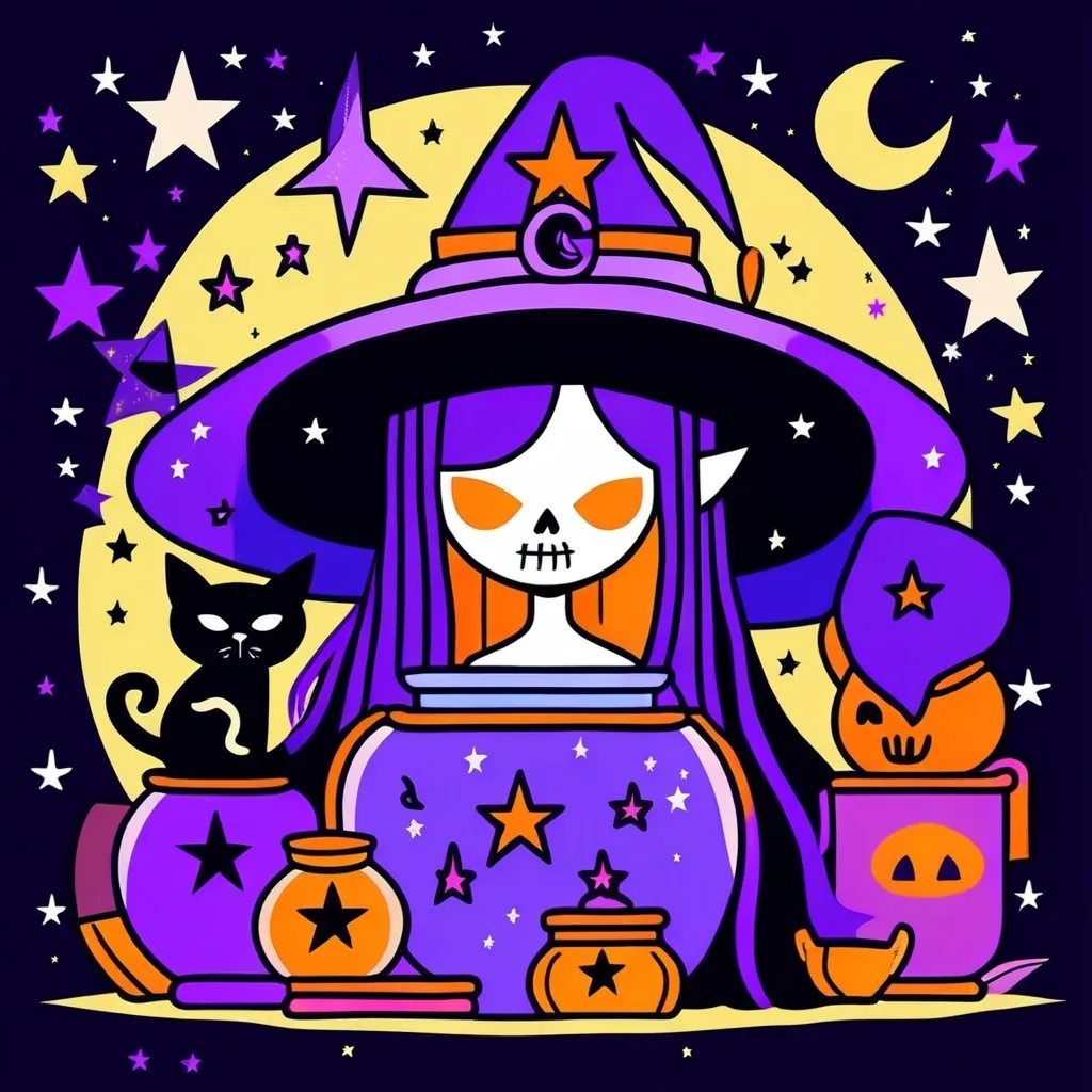 Prompt: a witchy girl, whimsical, thin line art, flat color illustration, high quality, large pointy hat with crescent moon, black cat, cauldron, spooky woods, purple stars, skull and books stack. 