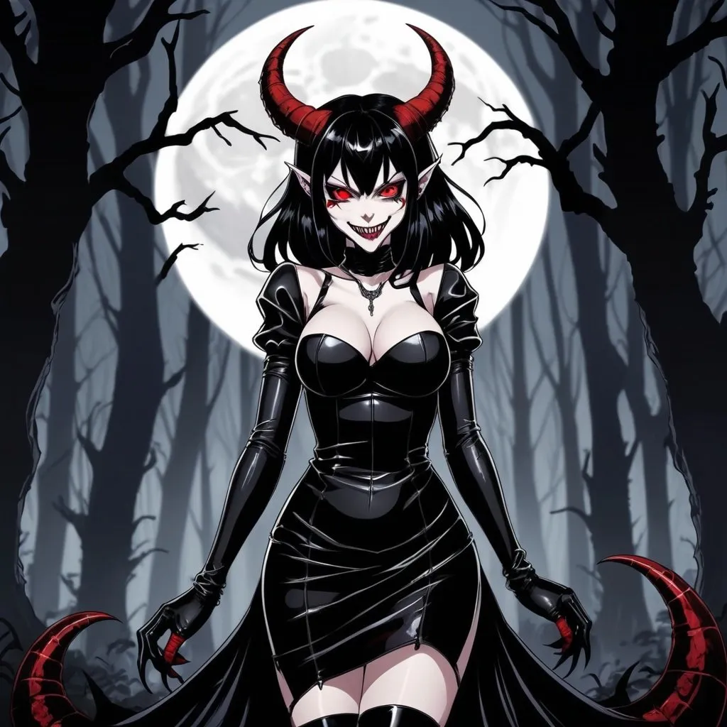 Prompt: 2d dark j horror anime style, anime scene, succubus, dark forest background, white moon, evil grin, red eyes, black hair, latex dress, latex gloves, goth, insane 