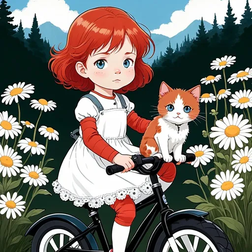 Prompt: 2d studio ghibli anime style, red headed toddler with blue eyes in a white eyelet dress on bike with daisies, black and white fluffy cat, anime scene