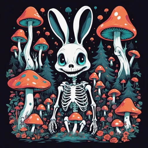 Prompt: Illustrated T-shirt design of positive vibes, Alice in wonderland, flat color, spooky, trippy, surrealism, skeleton, mushrooms, melting colors, forest, white rabbit. 