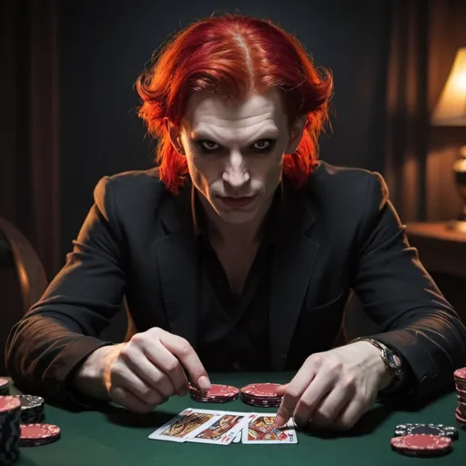 Prompt: Red haired demon playing poker.
