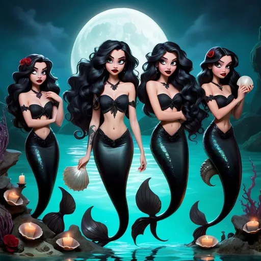 Prompt: Disney style five gothic mermaids, long black wavy hair, black tails, black seashells, swimming in a lagoon, full moon, vampire, night, sirens. 