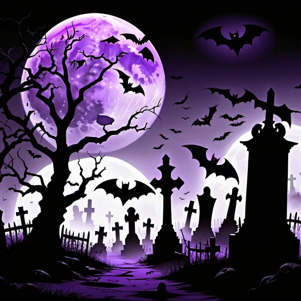 Prompt: Purple moon graveyard, bats, haunted, spooky, atmosphere, fantasy, cartoon, vampire. 