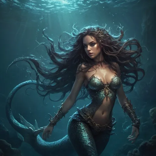 Prompt: Fantasy illustration of a succubus mermaid, and pirate character lured into the ocean depths, mystical underwater setting, shimmering scales and flowing underwater hair, alluring and dangerous, high-res, detailed fantasy, mystical, underwater, succubus, pirate, detailed scales, flowing hair, professional, magical lighting