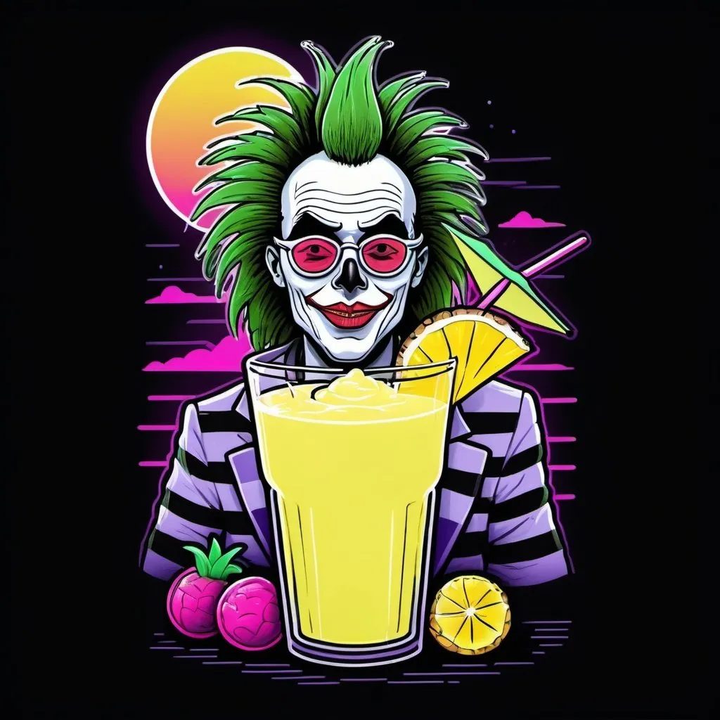 Prompt: Illustrated T-shirt outline design of neon beetlejuice on summer vacation drinking a pina colada. 