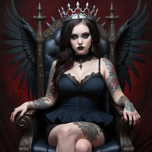 Prompt: Fantasy illustration of a curvy pale goth girl, detailed tattoos, black peplum dress with lace, long wavy dark brown hair, blue eyes, winged eye-liner, sitting on a skull throne with a red bloody crown, highres, ultra-detailed, fantasy, goth, pale skin, detailed tattoos, dark brown hair, dark blue eyes, winged eyeliner, peplum dress with lace, skull throne, red bloody crown, atmospheric lighting, detailed, professional