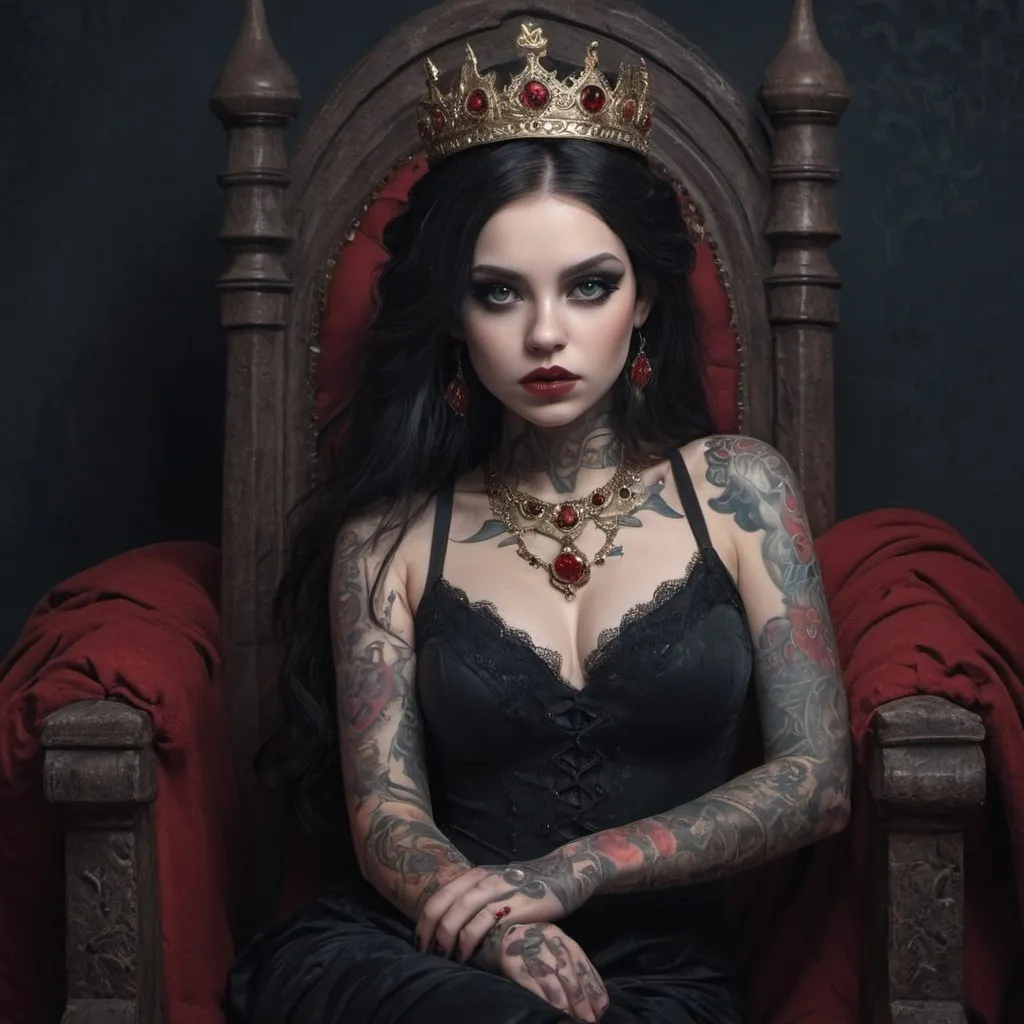 Prompt: Fantasy illustration of a curvy pale goth girl with detailed tattoos, a black peplum dress with lace, long dark brown hair, dark blue eyes, and winged eye-liner. She’s sitting on a skull throne with a red bloody crown on her head. 