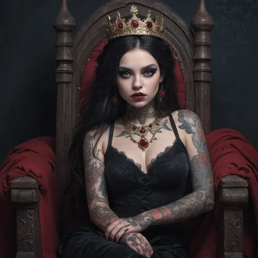 Prompt: Fantasy illustration of a curvy pale goth girl with detailed tattoos, a black peplum dress with lace, long dark brown hair, dark blue eyes, and winged eye-liner. She’s sitting on a skull throne with a red bloody crown on her head. 