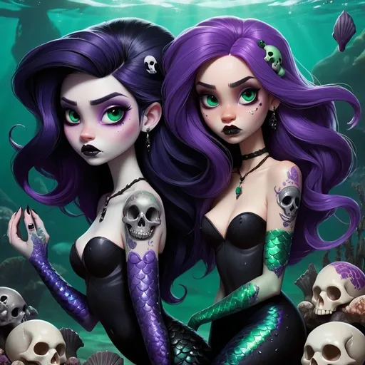 Prompt: Disney style five goth mermaids black tails, black seashell, black-purple hair, black-green hair, goth, fantasy, horror. Skulls, lagoon, siren, beautiful, creepy. 