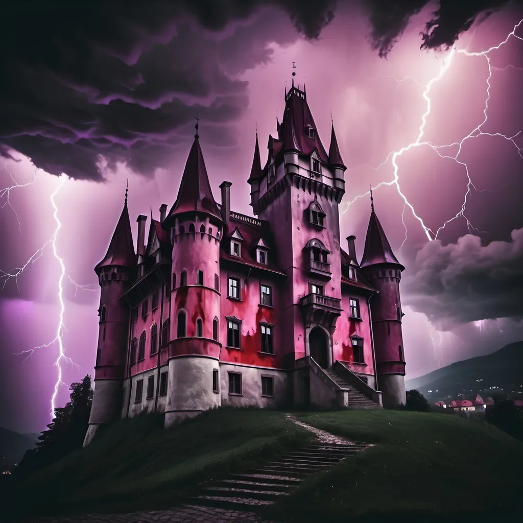 Prompt: Deadly vampire's castle in Transylvania during a lightning storm, spooky atmosphere, purple lightning strikes, ashy sky, red tint, surrealism, eerie castle, haunting, creepy atmosphere, detailed architecture, menacing silhouette, gothic style, surreal lighting, highres, detailed clouds, spooky ambiance, atmospheric lighting, stormy weather, dark and mysterious