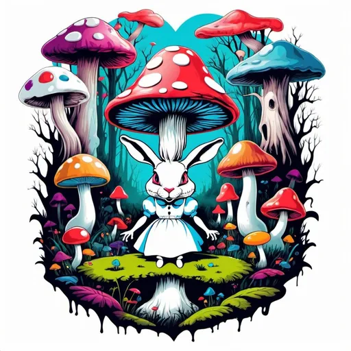 Prompt: Illustrated T-shirt design of Alice in Wonderland with a trippy, and surrealism vibe, colorful, melting colors, white rabbit, high quality, surreal, trippy, Alice in Wonderland, mushroom, forest setting, melting effect, white rabbit, positive vibes, love 