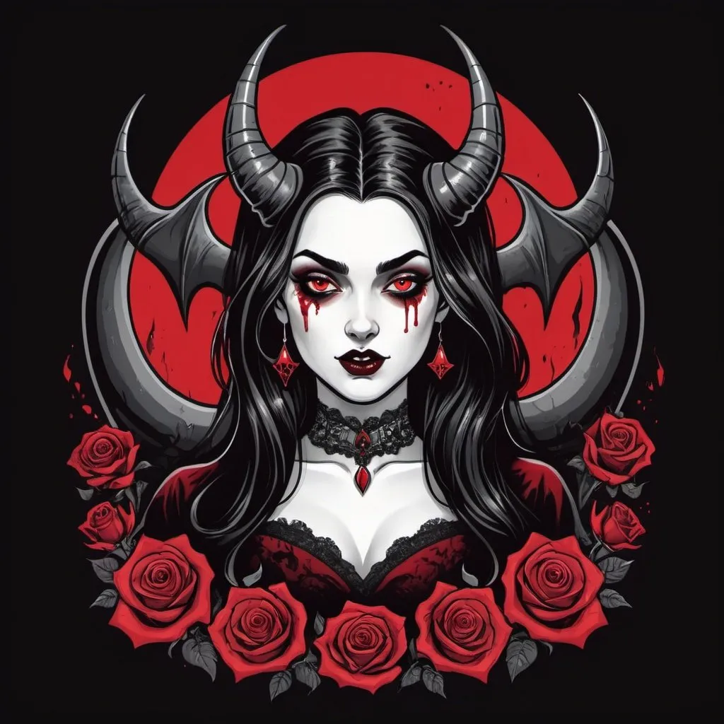 Prompt: Illustrated T-shirt design of a curvery girl with black horns as a vampire, Dracula, blood, coffin, roseary, red, black, white, glowing eyes. 