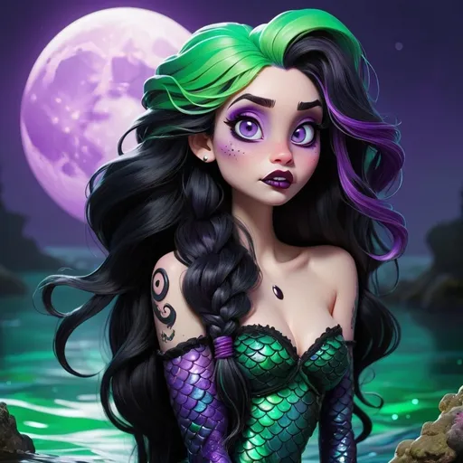 Prompt: Disney style goth mermaid with long black wavy hair, a single braid, side shave, sneer, glowing purple eyes, black tail, vibrant green, purple, and black colors, full moon, haunted lagoon.