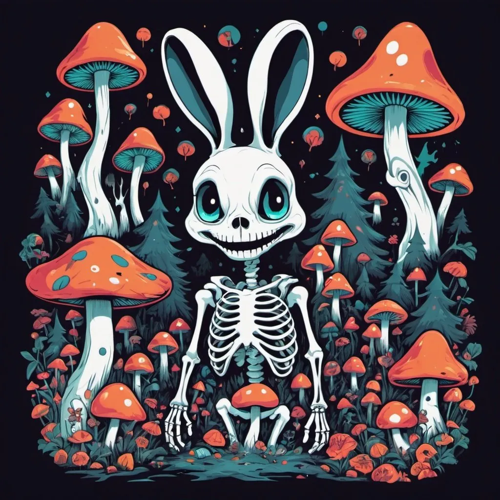 Prompt: Illustrated T-shirt design of positive vibes, Alice in wonderland, flat color, spooky, trippy, surrealism, skeleton, mushrooms, melting colors, forest, white rabbit. 