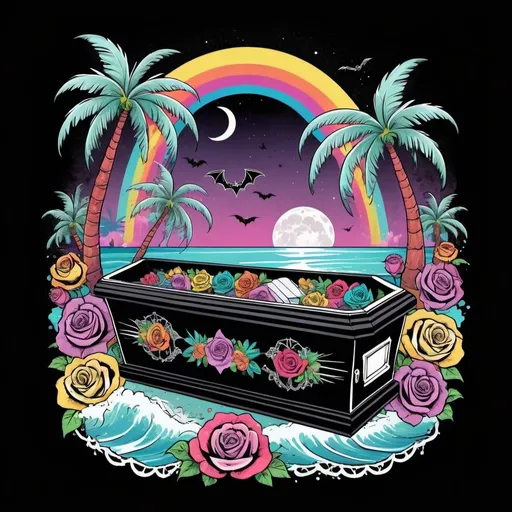 Prompt: Illustrated T-shirt design of a colorful coffin with palm trees, goth, beach, waves, moon, bats, goth summer, lace, rainbow roses. 