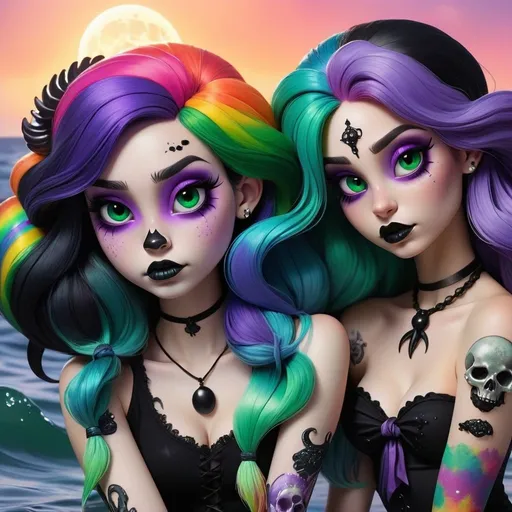 Prompt: Disney style three goth mermaids, two tie-dye mermaids, half and half, sun and moon, black tails, rainbow tails, black seashell, tie-dye seashell, black-purple hair, black-green hair, rainbow hair, goth, fantasy, horror. Skulls, lagoon, siren, beautiful, creepy, colors, 70’s vibes, hippie. 