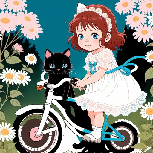 Prompt: 2d studio ghibli anime style, auburn hair toddler, with bright blue eyes, in a lace white eyelet dress, on a rose pink bike with daisies, black fluffy cat, anime scene