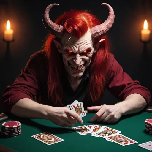 Prompt: Red haired demon playing poker.