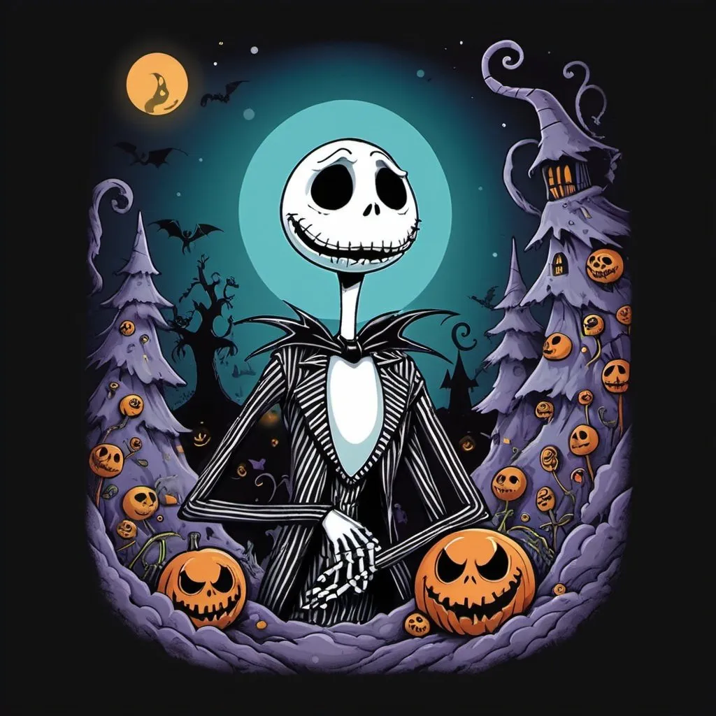 Prompt: Illustrated T-shirt design of positive vibes, nightmare before Christmas, flat color, spooky, trippy, surrealism. 