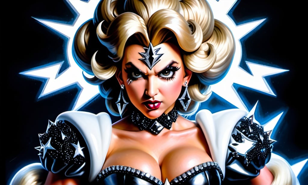 Prompt: Heavy metal Princess Peach, hyper-realistic, high res, Gene Simmons, Glam Rock, black, black rhinestones, silver, glitter, lightning bolt  