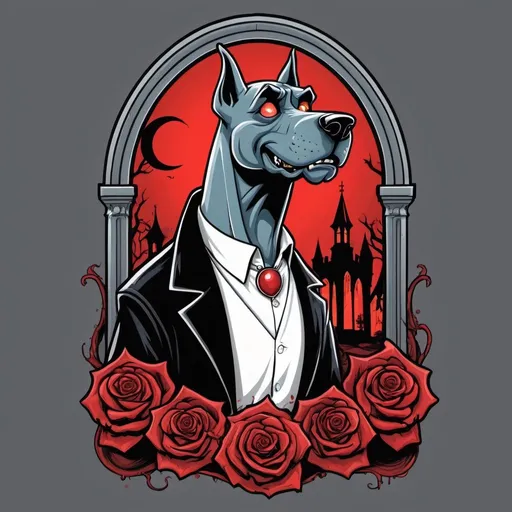 Prompt: Illustrated T-shirt design of scooby doo as a vampire, Dracula, blood, coffin, roseary, red, black, white, glowing eyes. 