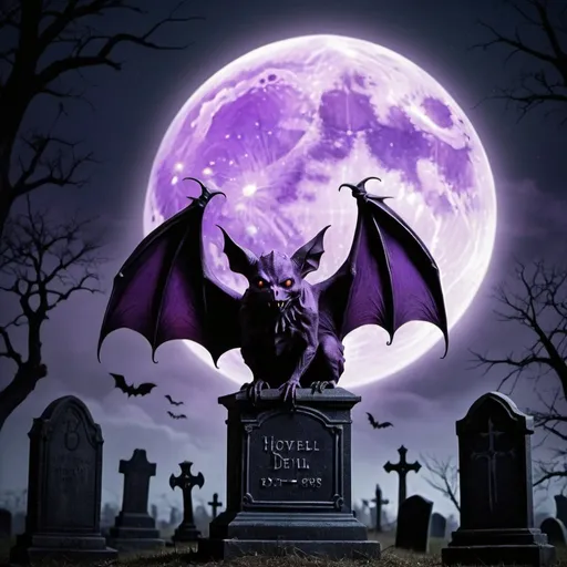 Prompt: Purple devil horn bat, night sky, full moon, spooky graveyard, high quality, detailed, dark fantasy, atmospheric lighting, eerie glow, gothic, haunting, cool tones