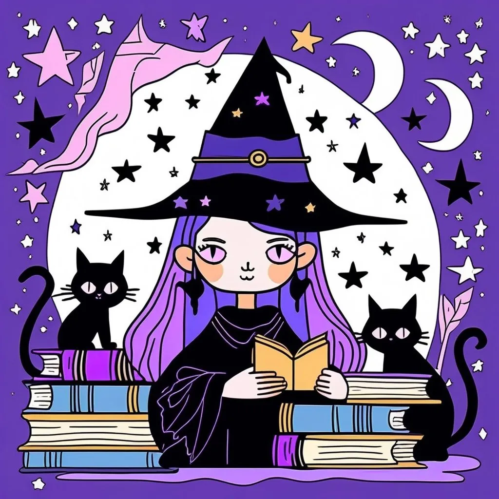 Prompt: a witchy girl, whimsical, thin line art, flat color illustration, high quality, large pointy hat with crescent moon, black cat, cauldron, spooky woods, purple stars, old books. 