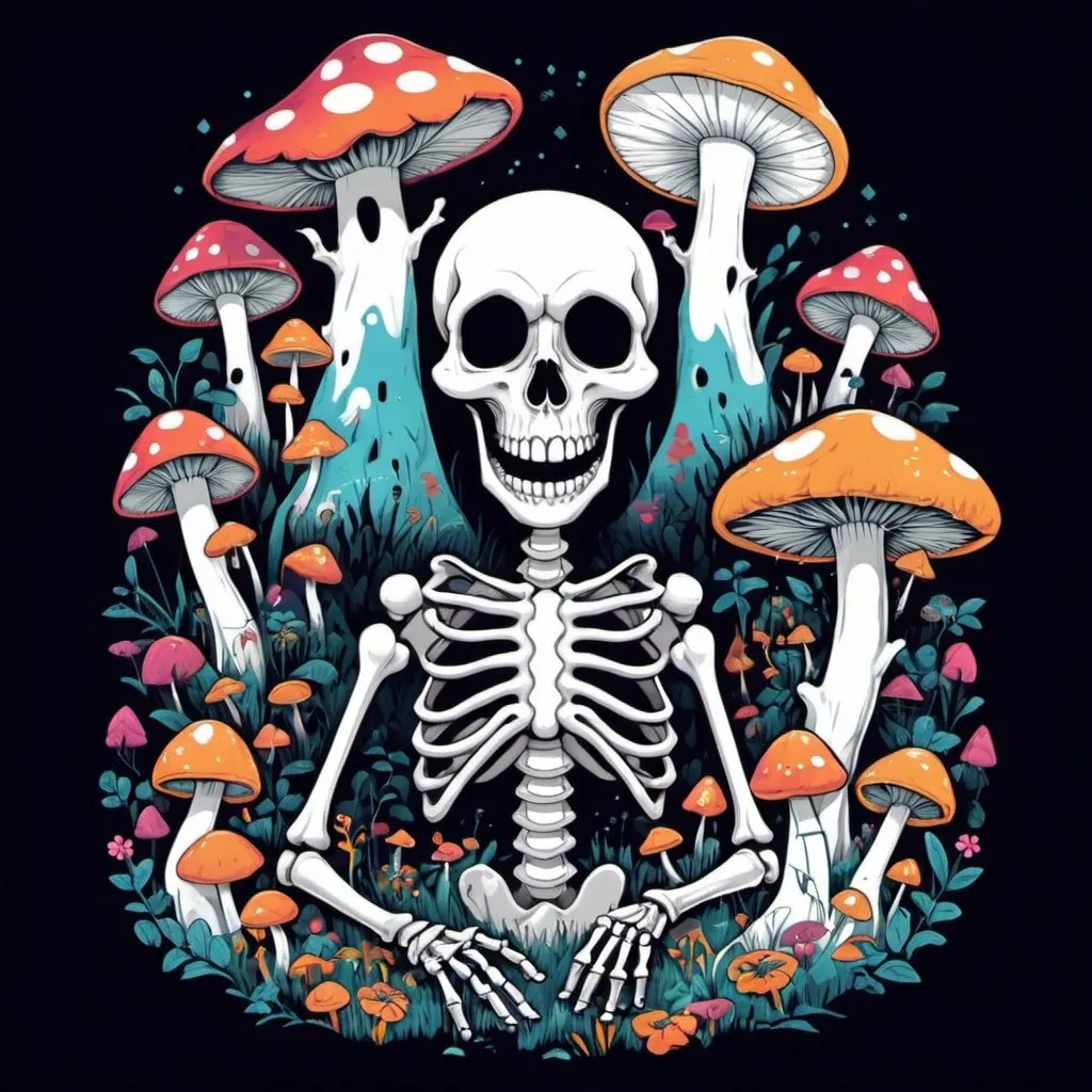 Prompt: Illustrated T-shirt design of positive vibes, Alice in wonderland, flat color, spooky, trippy, surrealism, skeleton, mushrooms, melting colors, forest, white rabbit. 