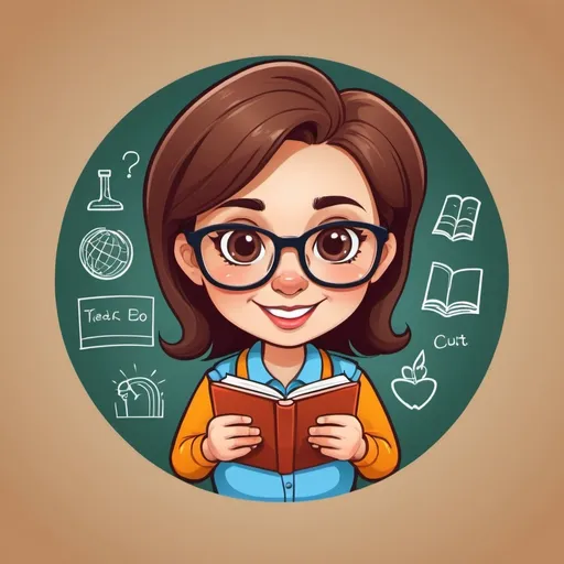 Prompt: "Create a cartoon-style logo featuring a cute and friendly teacher character. The character should have distinctive features such as glasses, a chalkboard, or a book to symbolize education and knowledge. The teacher should appear enthusiastic and engaging, reflecting qualities like guidance and inspiration. Use vibrant colors and a playful, yet professional design. Ensure the teacher character is cute and approachable. The background should be transparent, making it suitable for various uses, including academic publications. The logo should be clear and recognizable, and scalable to different sizes without losing detail."