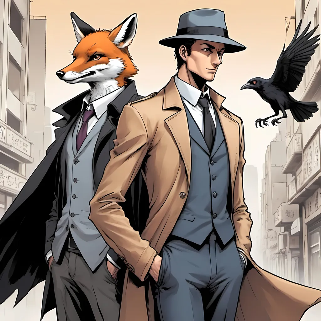 Prompt: un renard et un corbeau detective dans la dans un style manga, voir les personnages de la tête au pied 