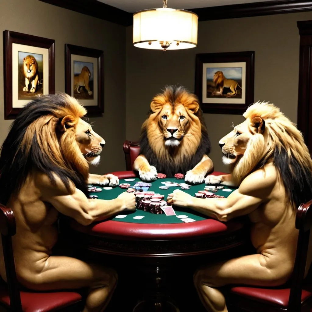 Prompt: <mymodel>Lions playing poker