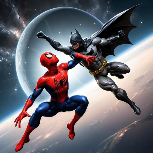 Prompt: You can make me Spiderman fighting Batman in space