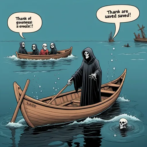 Prompt: cartoon. people are drowning in the ocean. the grim reaper is in a rowboat nearby. there is a speech bubble coming from one of the drowning people that says, "Thank goodness ! We are saved !"