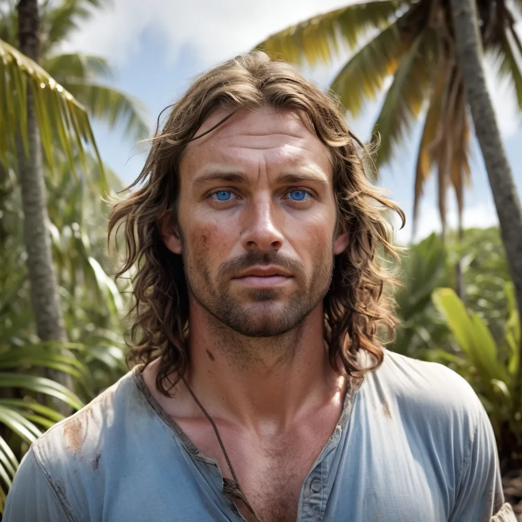 Prompt: A rugged human male in his early 30s, with brown stubble facial hair and long, wavy brown hair & blue eyes. Wearing tattered, dirty clothing. Surrounded by a tropical island environment