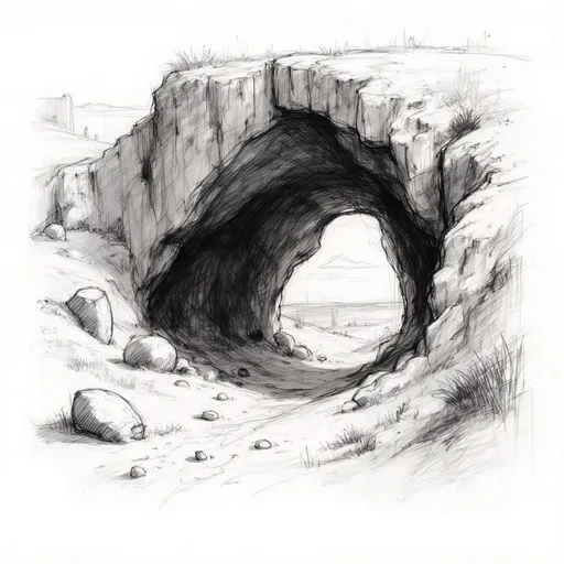 Prompt: pencil-sketch of a  cave you  fear to enter holds the treasure that you seektemple
