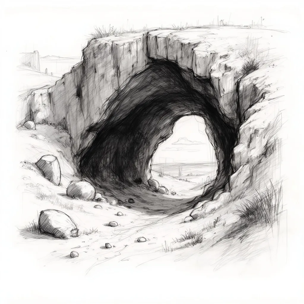 Prompt: pencil-sketch of a  cave you  fear to enter holds the treasure that you seektemple