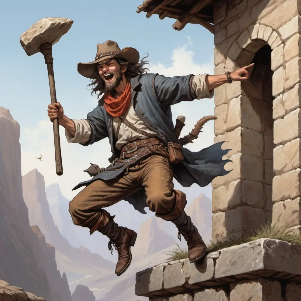 Prompt: A medieval vagabond wearing a cowboy hat leaping off of a stone ledge swinging a two-handed maul at a basilisk from D&D