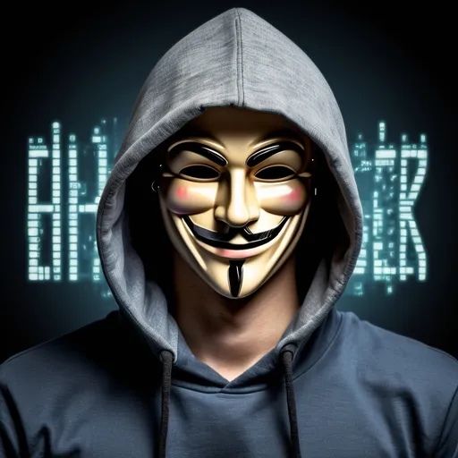 Prompt: a hacker with smiling anonumous face  with hoodie in that rhere is lettering named  ethical hacker