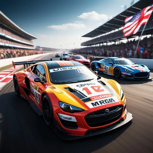 Prompt: (High-speed cars), sleek designs, vibrant colors, dynamic action, race track scene, blurred motion, (detailed textures), dramatic lighting, high contrast, (clearly defined reflections), showcase of various models, (wide-angle perspective), adrenaline-filled atmosphere, honing focus on speed, rich background of cheering crowds and flags, ultra-detailed, HD quality.