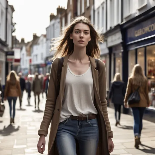 Prompt: Tall young woman walking down the high street, detailed clothing, realistic, natural lighting