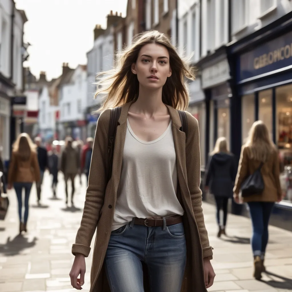 Prompt: Tall young woman walking down the high street, detailed clothing, realistic, natural lighting