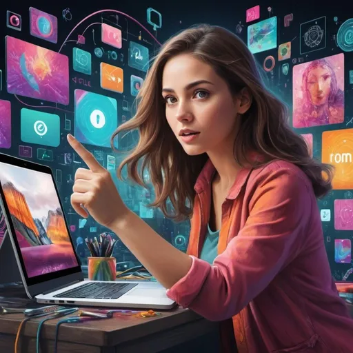 Prompt: The cover image showcases a vibrant digital marketplace bustling with a plethora of digital goods. Amidst this array of products stands a young woman, her eyes alight with curiosity and excitement. She's reaching out, pointing at a specific item that has caught her attention. Her expression reflects a sense of wonder and enthusiasm for the digital world.

The woman is depicted with confidence and determination, embodying the spirit of exploration and empowerment in the digital realm. Surrounding her are various digital products, each offering its unique appeal, but her focus remains fixed on the one she's pointing towards.

The background is filled with dynamic digital elements, pulsating with energy and vibrancy, creating an atmosphere of limitless possibilities and excitement. The colors are bold and captivating, drawing the viewer's attention to the woman and the product she's examining.

Overall, the image conveys a message of empowerment, curiosity, and the endless potential of digital goods, with the woman at its center as a symbol of strength and determination in navigating this digital landscape.